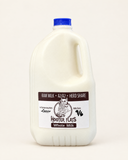 One gallon jug of Hooter Flats raw whole milk on a plain studio background